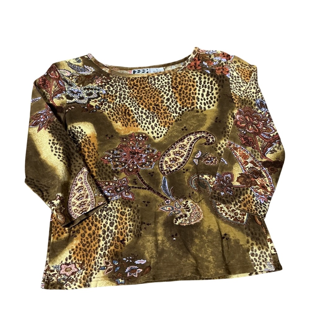 Take Two Mixed Print Sequin Top Women S Brown Leopard Paisley 3/4 Sleeve Cotton